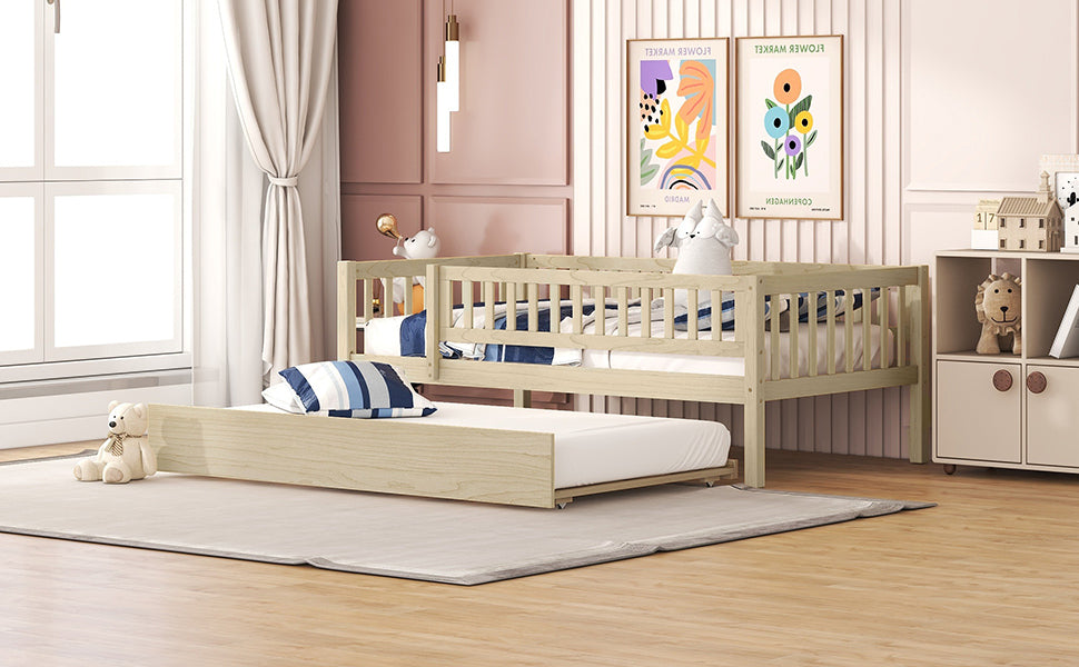Twin Size Wood Daybed with Trundle and Fence Guardrails, Natural - Atlantic Fine Furniture Melbourne FL