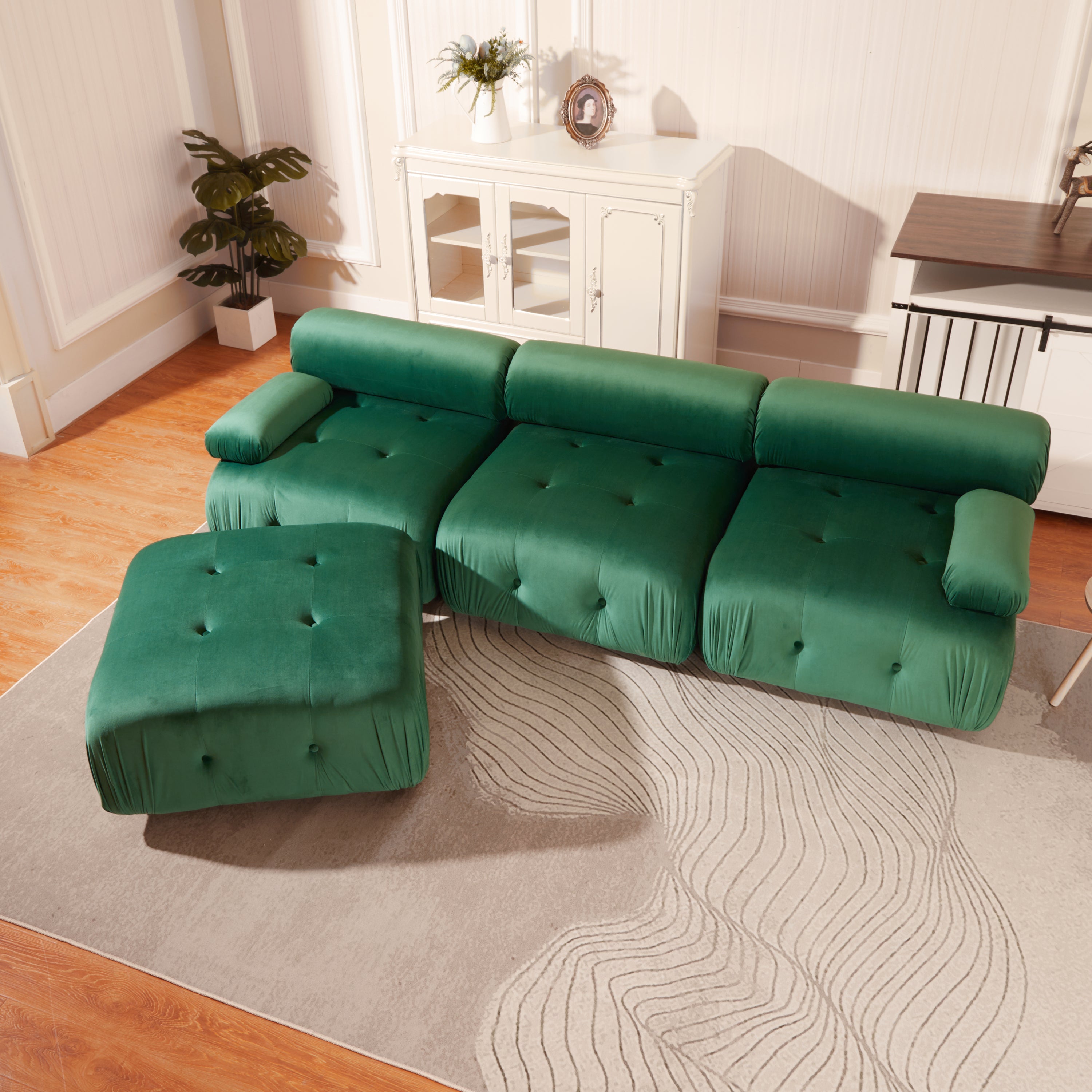Modular Sectional Sofa Couch, Modern L Shaped Cloud Couch with Reversible Ottoman Convertible Button Tufted Velvet Fabric Couches for Living Room, DIY Combination,Green