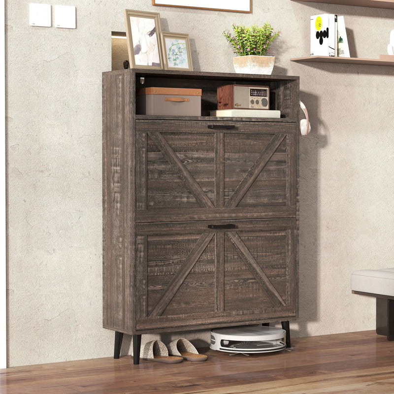 Farmhouse Shoe Storage Cabinet With Barn Door Design, 2 Flip Drawers, Hooks - Dark Oak