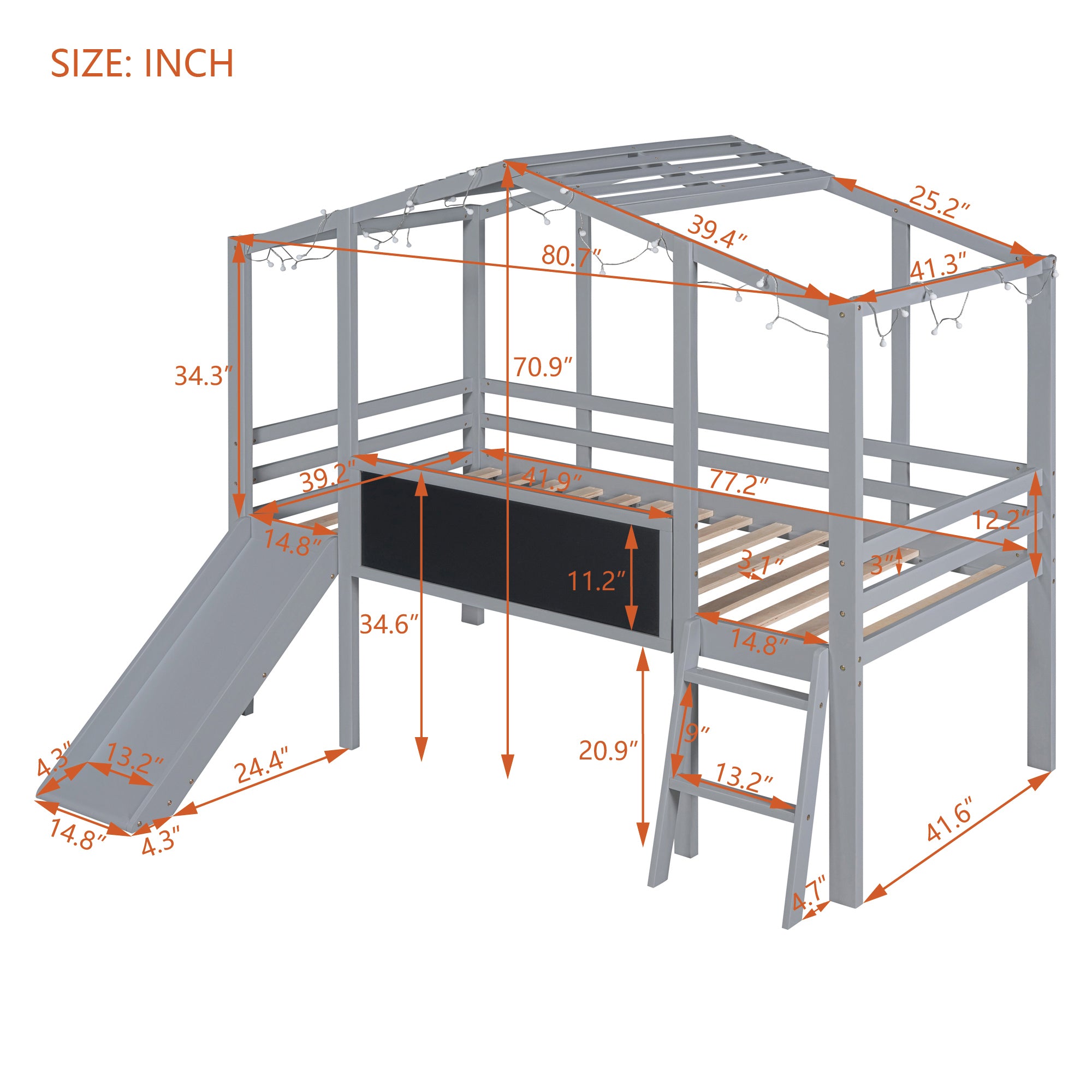 Twin Size Loft Bed with Ladder and Slide, House Bed with Blackboard and Light Strip on the Roof, Gray - Atlantic Fine Furniture Melbourne FL