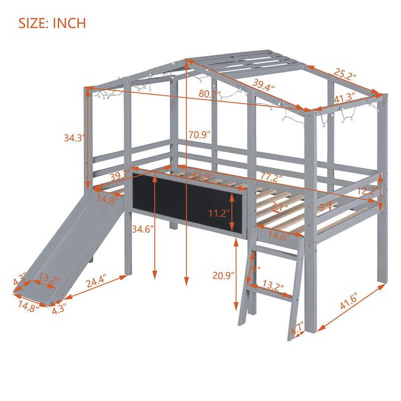 Twin Size Loft Bed with Ladder and Slide, House Bed with Blackboard and Light Strip on the Roof, Gray