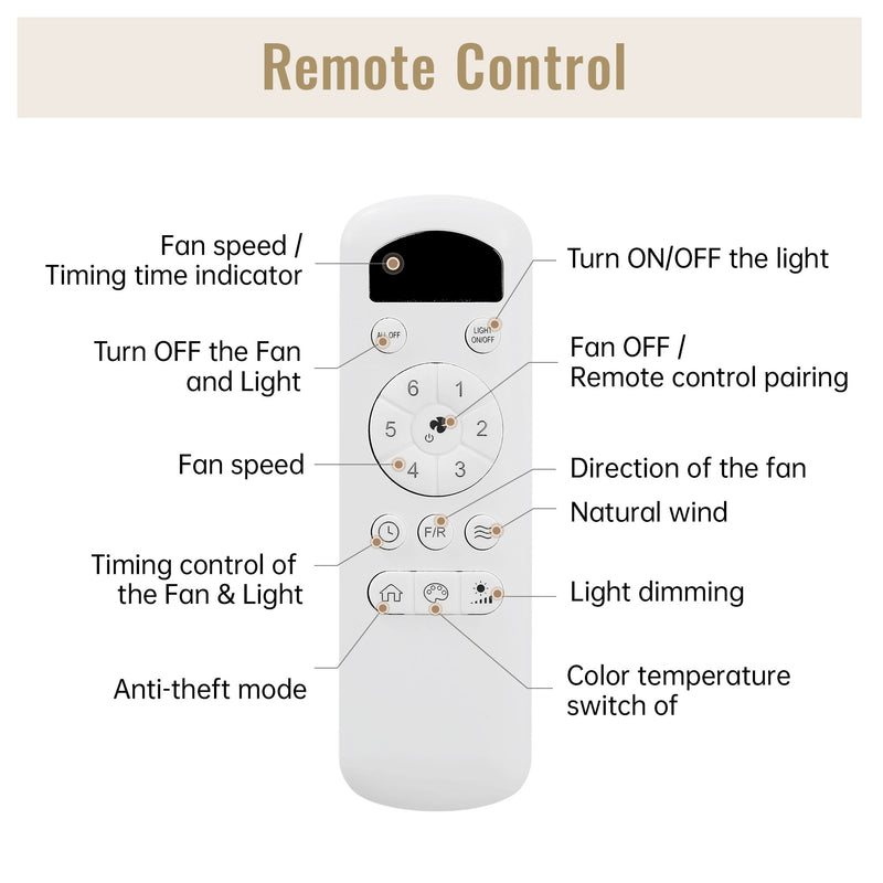 Ceiling Fan With Lights 3 ABS Blades 6 - Speed DC Motor Remote Control For Bedroom - White