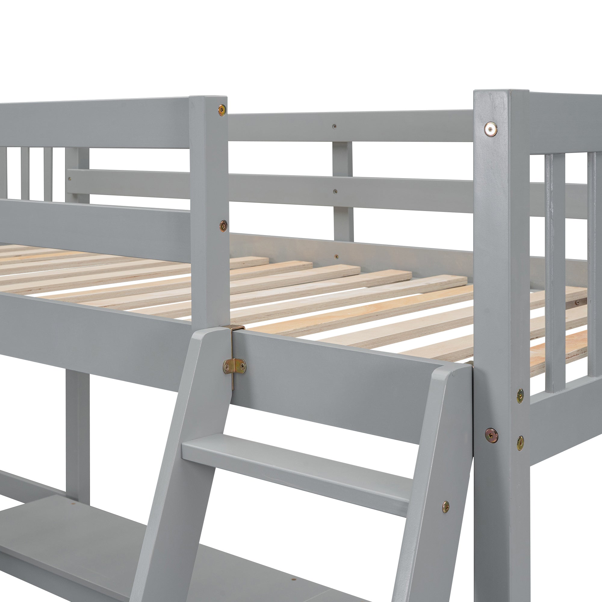 Wood Twin Size L-Shaped Loft Bed with Ladder and 2 Built-in L-Shaped Desks, Gray - Atlantic Fine Furniture Melbourne FL