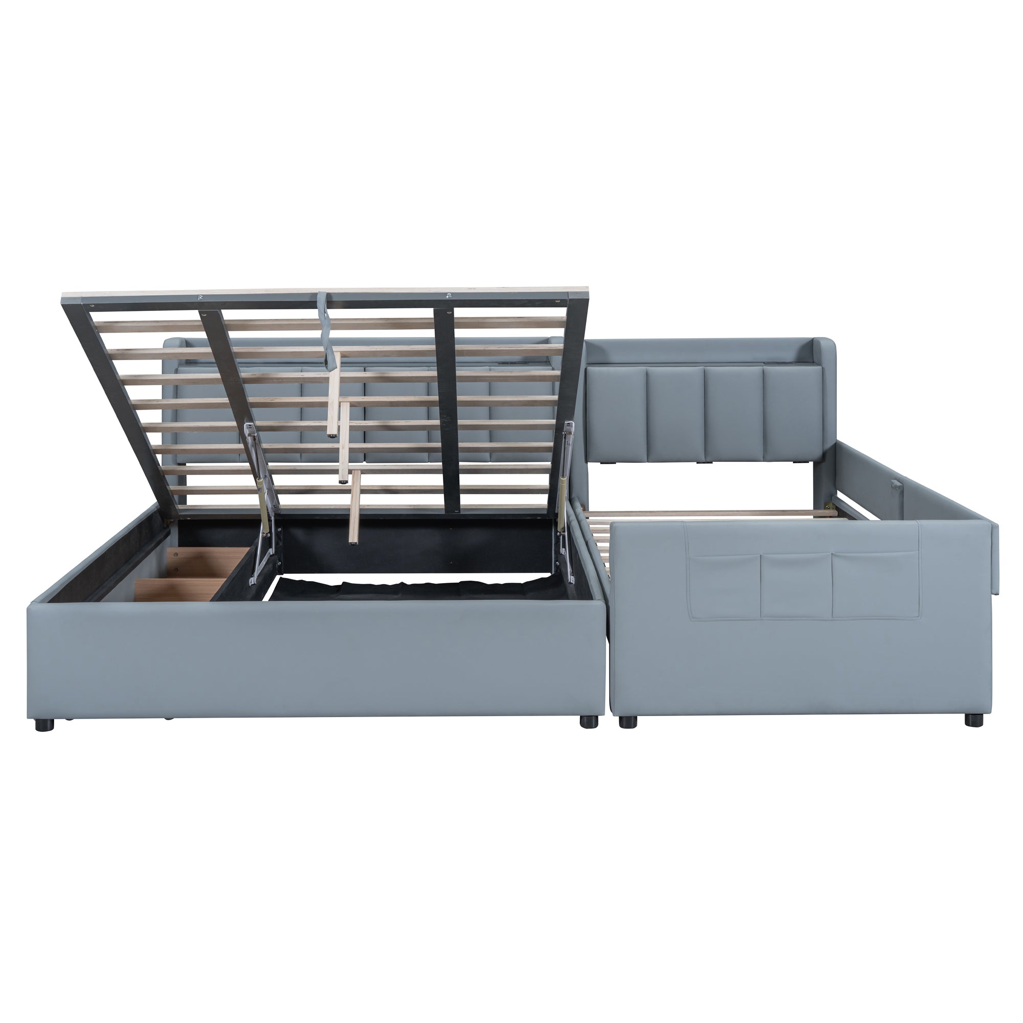 Queen Size & Twin XL Size Upholstered Platform Bed, Mother & Child Bed with Hydraulic Storage System, Drawer Box, Bedhead storage shelf and Two pairs of sockets & USB Ports, PU Leather, Gray - Atlantic Fine Furniture Melbourne FL