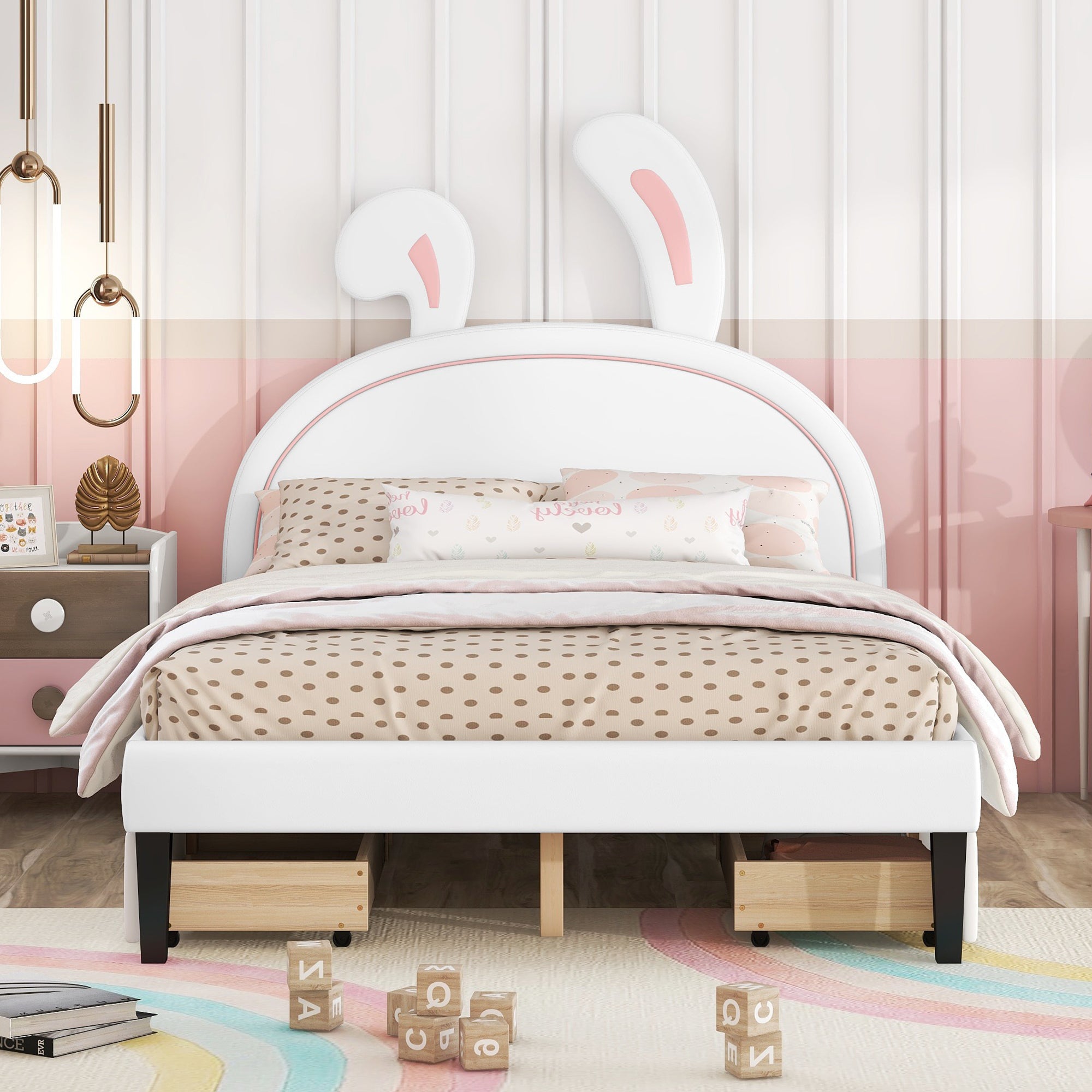 Full Size Upholstered Leather Platform Bed with Rabbit Ornament and 4 Drawers, White - Atlantic Fine Furniture Melbourne FL