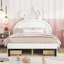 Full Size Upholstered Leather Platform Bed with Rabbit Ornament and 4 Drawers, White