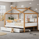 Wooden House Bed Original Wood Colored Frame With Bookshelf Storage Space