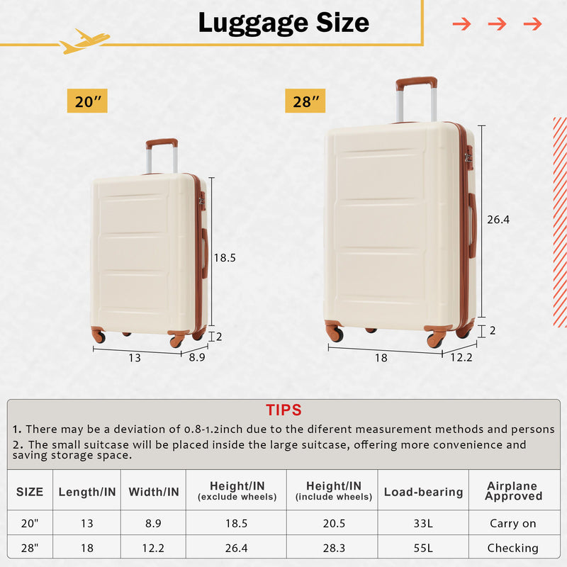 2 Piece Luggage Set With Bags Expanable Spinner Wheels ABS Lightweight Suitcase With Tsa Lock 20" / 28"