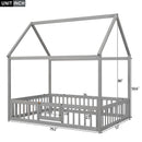 Full Size Wood House Bed with Fence and Door, Gray Wash