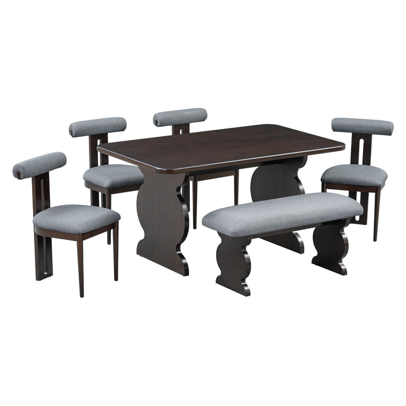 Mid-Century Modern Table Set For 6 Persons With 4 Chairs And Bench, Padded Seats And Backrest