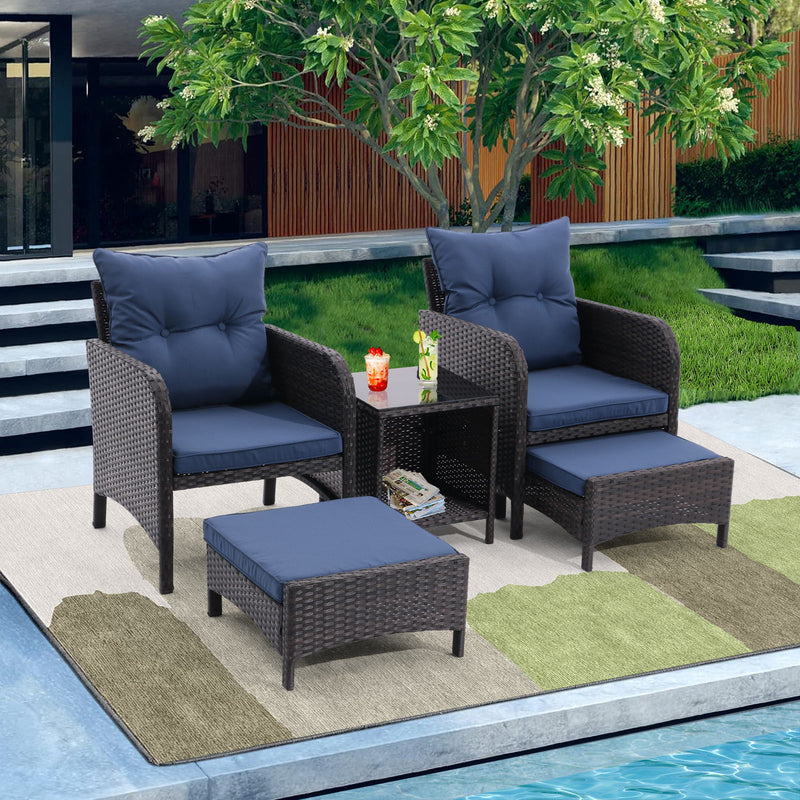 5 Piece Outdoor Patio Furniture Set, All Weather PE Rattan Conversation Chairs With Armrest And Removable Cushions, Ottomans And Storage Coffee Table For Poolside Garden Balcony