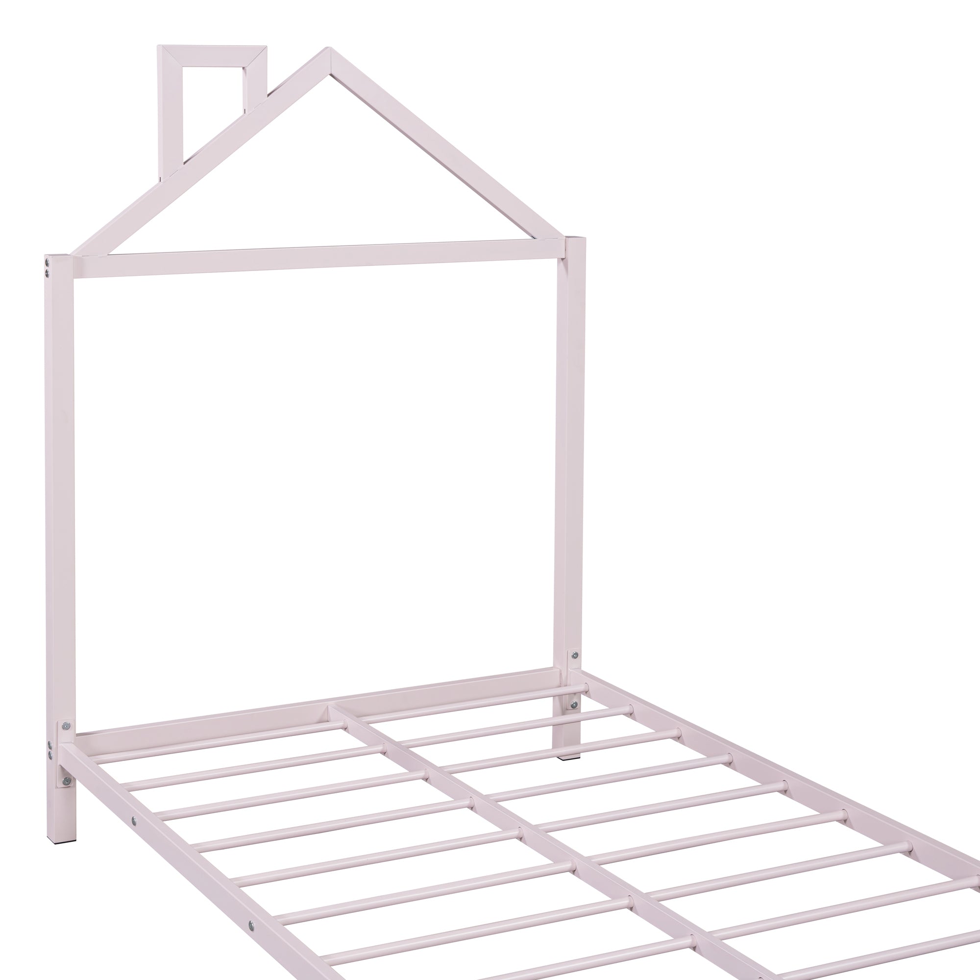Twin Size Metal Platform Bed with House-Shaped Headboard Design, Pink - Atlantic Fine Furniture Melbourne FL