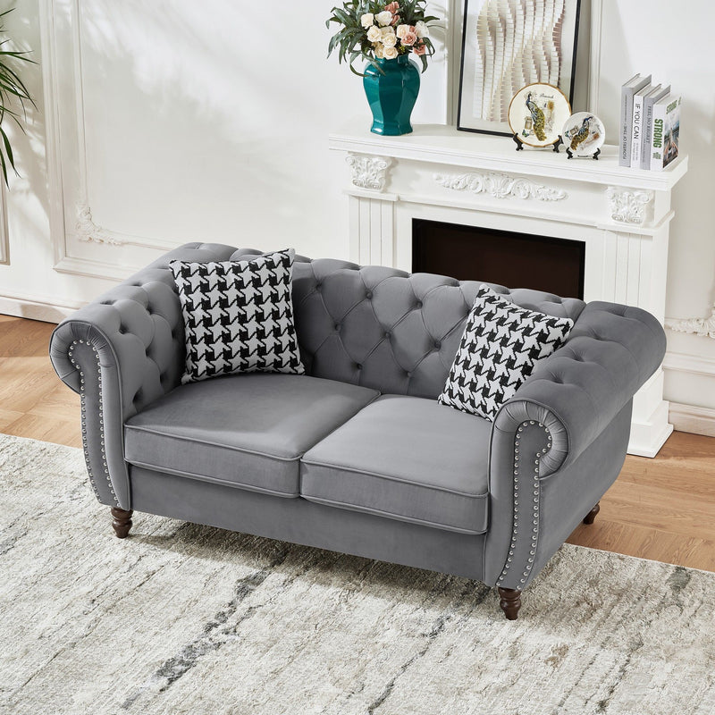Chesterfield Velvet Upholstery Fabric Loveseat With Roll Armrest And Nailhead