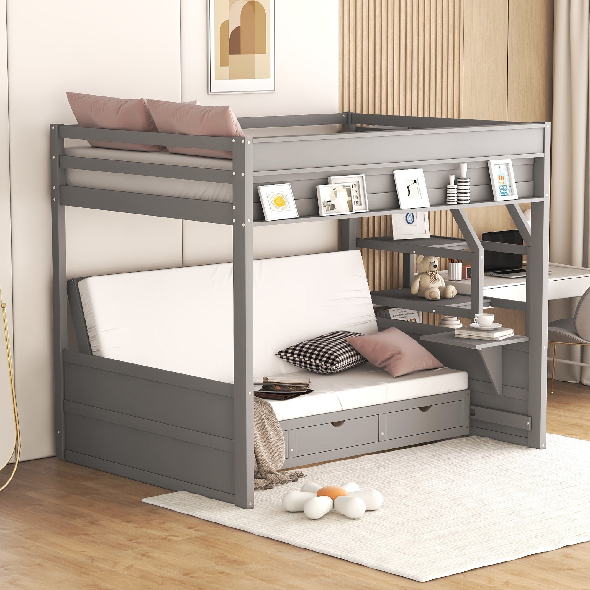 Wood Full Size Convertible Bunk Bed with Storage Staircase, Bedside Table, and 3 Drawers, Gray - Atlantic Fine Furniture Melbourne FL