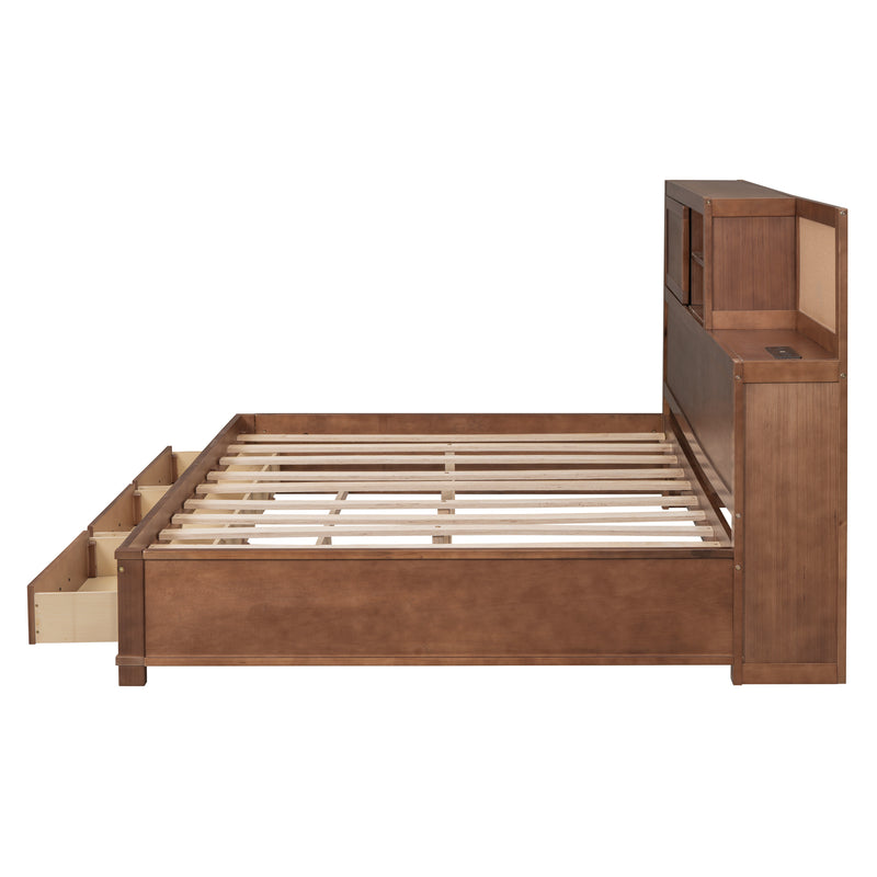 Full Size Wooden Daybed with 3 Storage Drawers, Upper Soft Board, shelf, and a set of Sockets and USB Ports, Brown