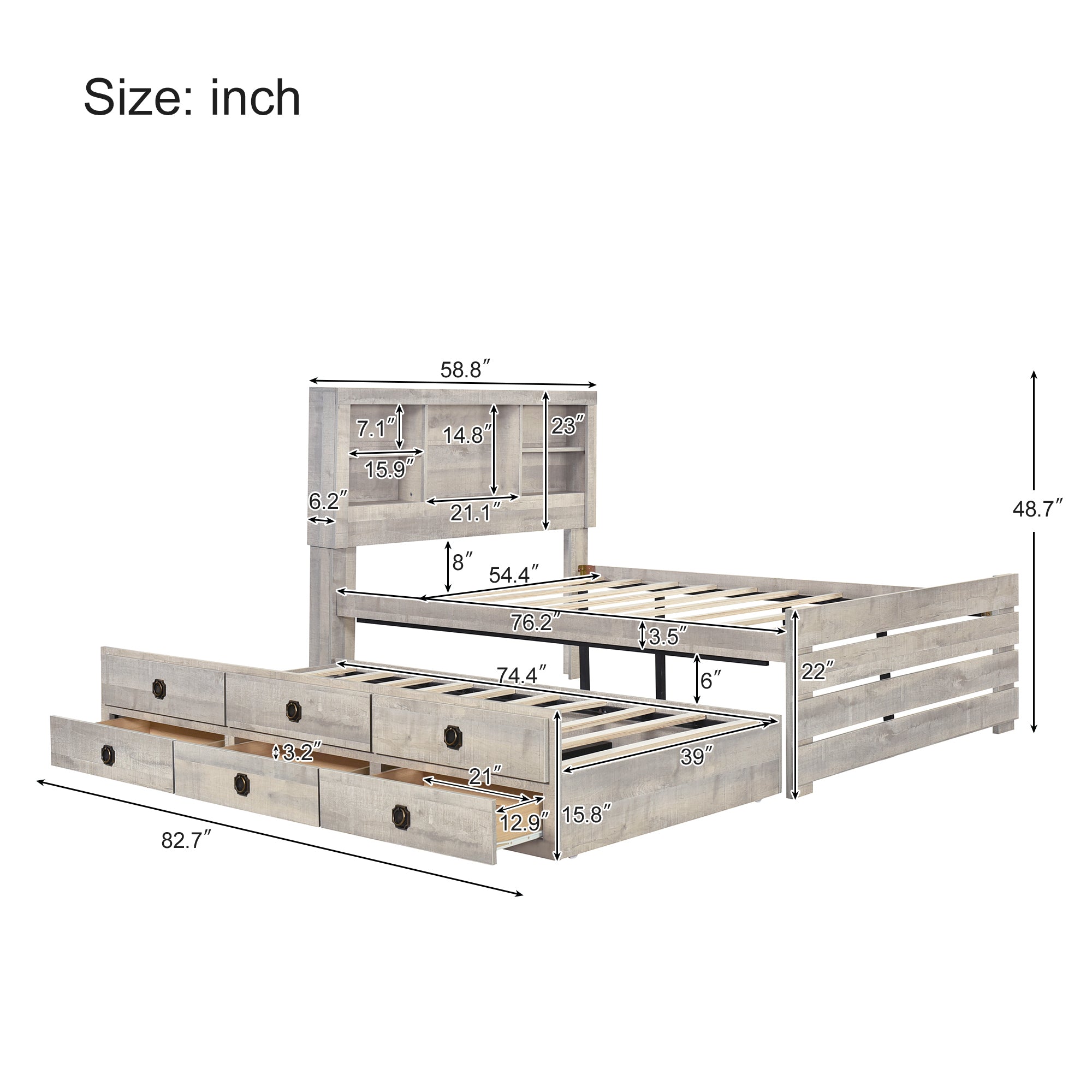 Farmhouse Style Full Size Bookcase Captain Bed with Three Drawers and Trundle, Rustic White - Atlantic Fine Furniture Melbourne FL