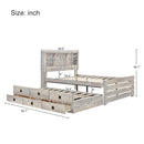 Farmhouse Style Full Size Bookcase Captain Bed with Three Drawers and Trundle, Rustic White