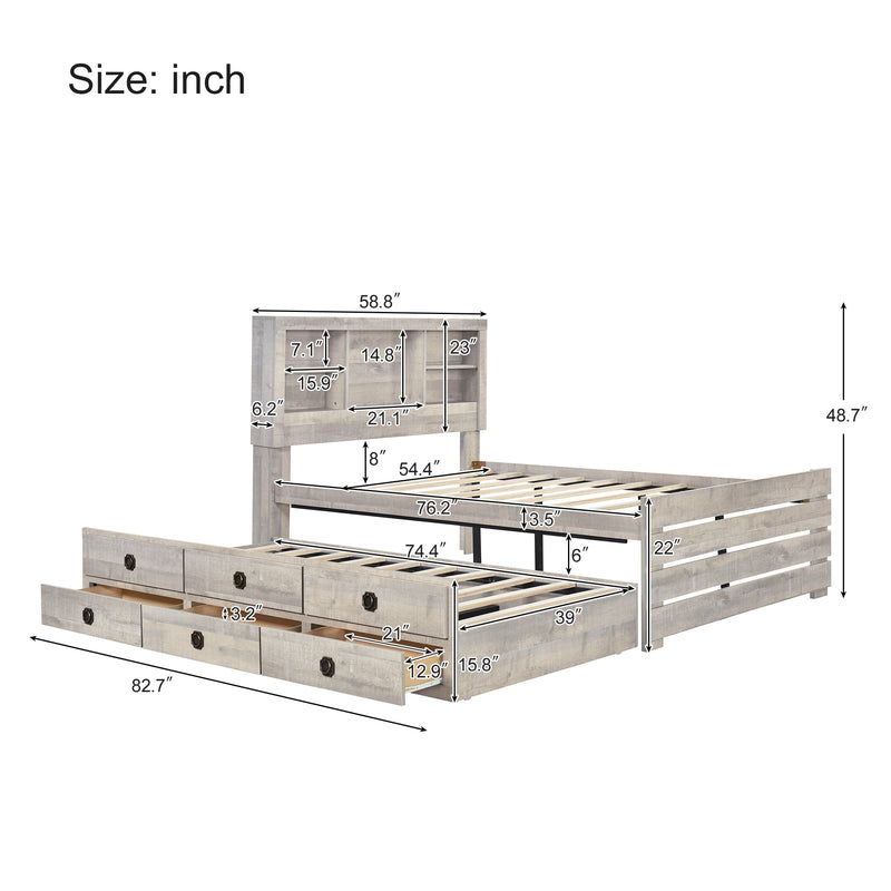 Farmhouse Style Full Size Bookcase Captain Bed with Three Drawers and Trundle, Rustic White