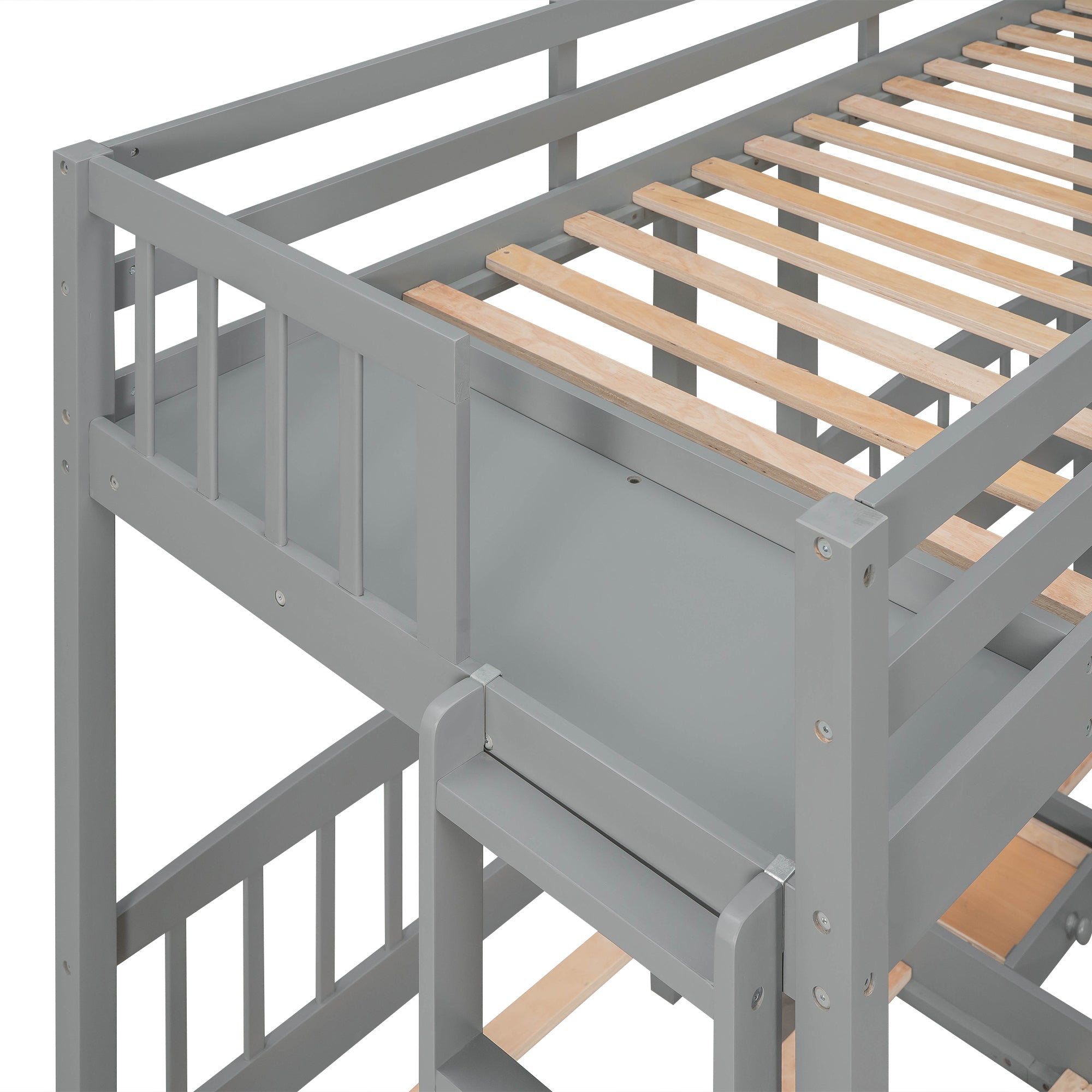 Twin over Twin & Twin Bunk Bed with Two Drawers and Built-in Middle Drawer, Gray - Atlantic Fine Furniture Melbourne FL