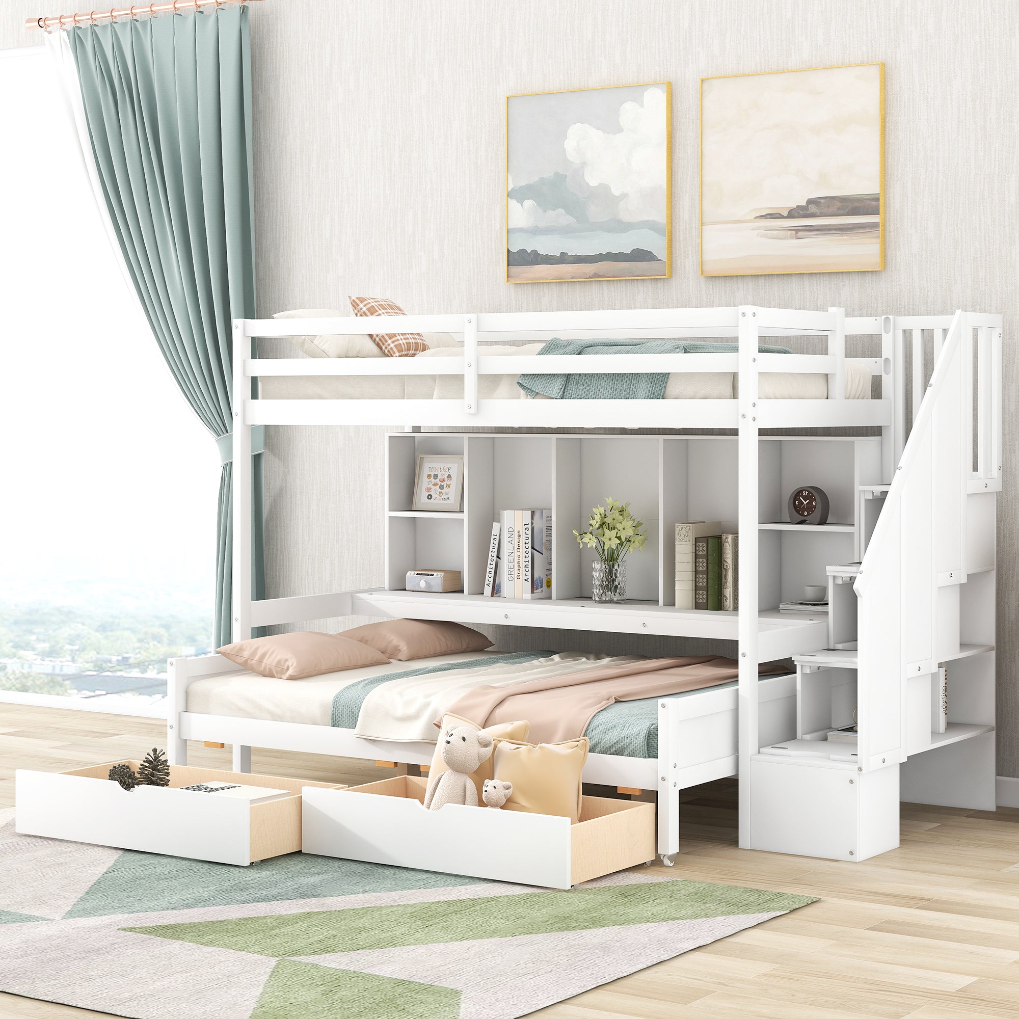 Twin XL over Full Bunk Bed with Built-in Storage Shelves, Drawers and Staircase,White - Atlantic Fine Furniture Melbourne FL