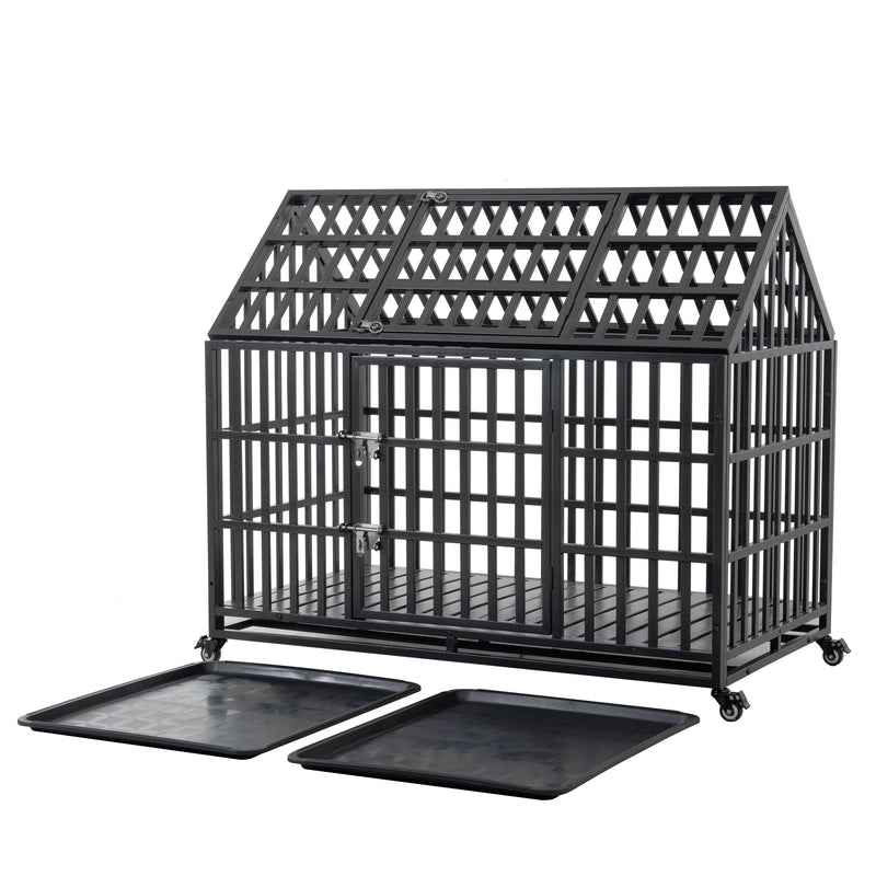 Heavy Duty Dog Crate Large Dog Cage Strong Metal Dog Kennels And Crates For Large Dogs With 4 Lockable Wheels - Black