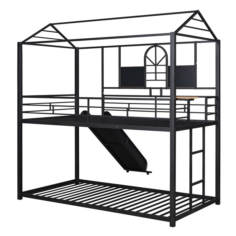 Twin Over Twin Metal Bunk Bed, Metal Housebed With Slide, Three Colors Available