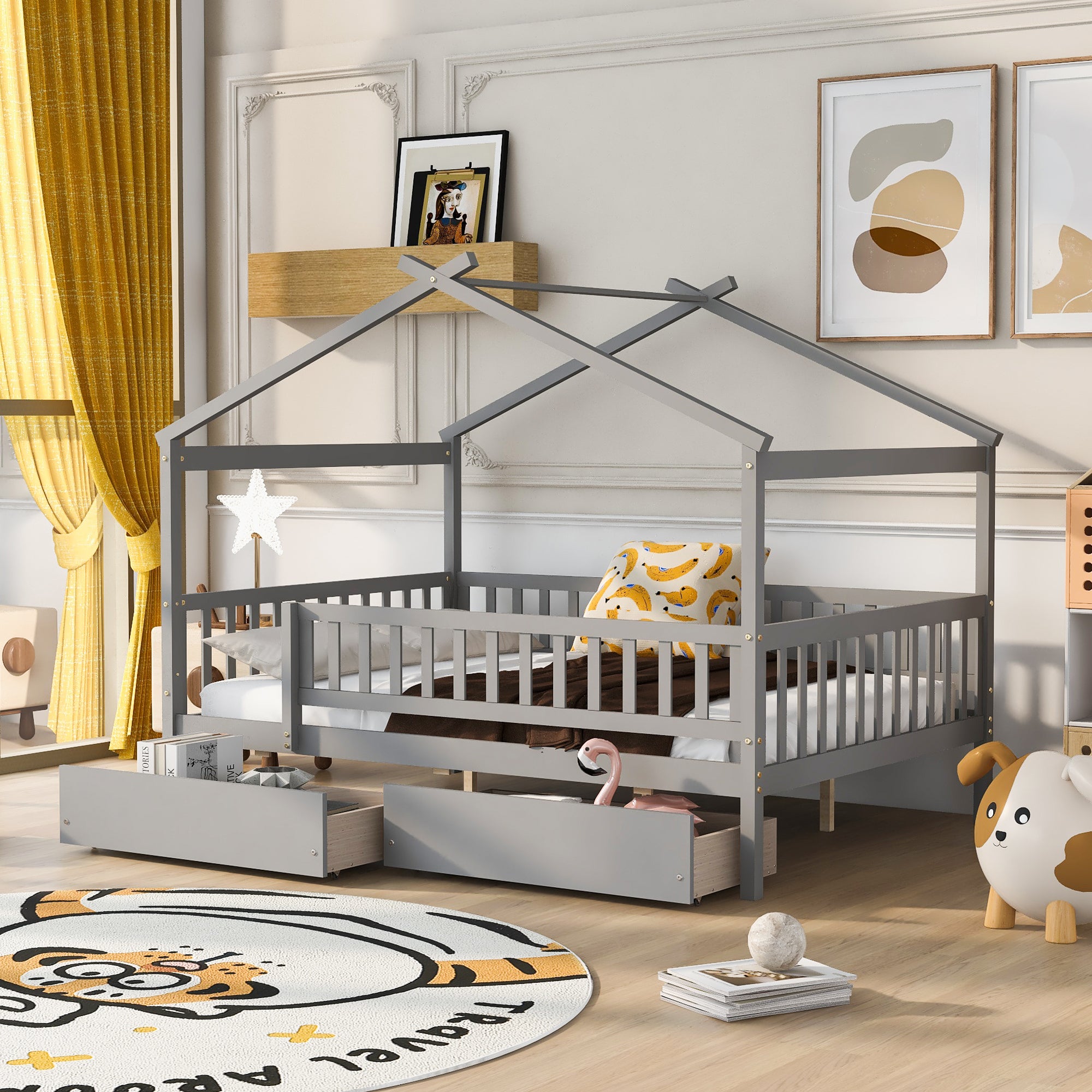 Full Size Wooden House Bed with Two Drawers,Gray - Atlantic Fine Furniture Melbourne FL