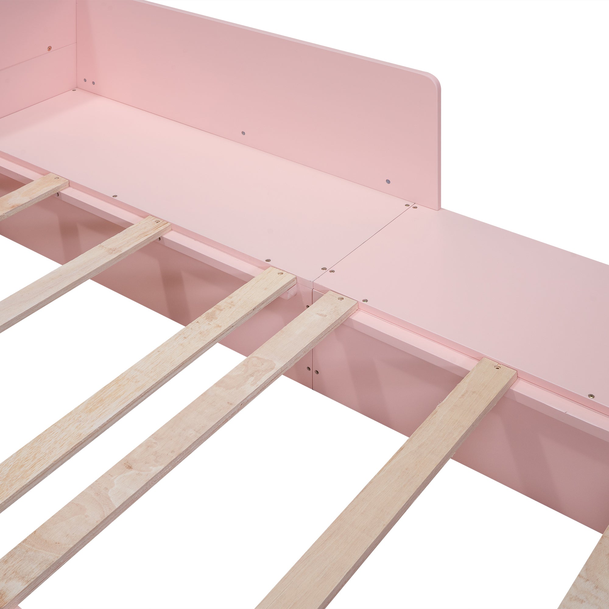 Wood Full Size Platform Bed with Storage Headboard, Guardrails and 4 Underneath Cabinets, Pink - Atlantic Fine Furniture Melbourne FL