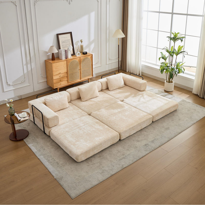Convertible Floor Sofa Bed With Fixed Shape Frame, Boneless Modular Sectional Sofa, For Living Room - Beige