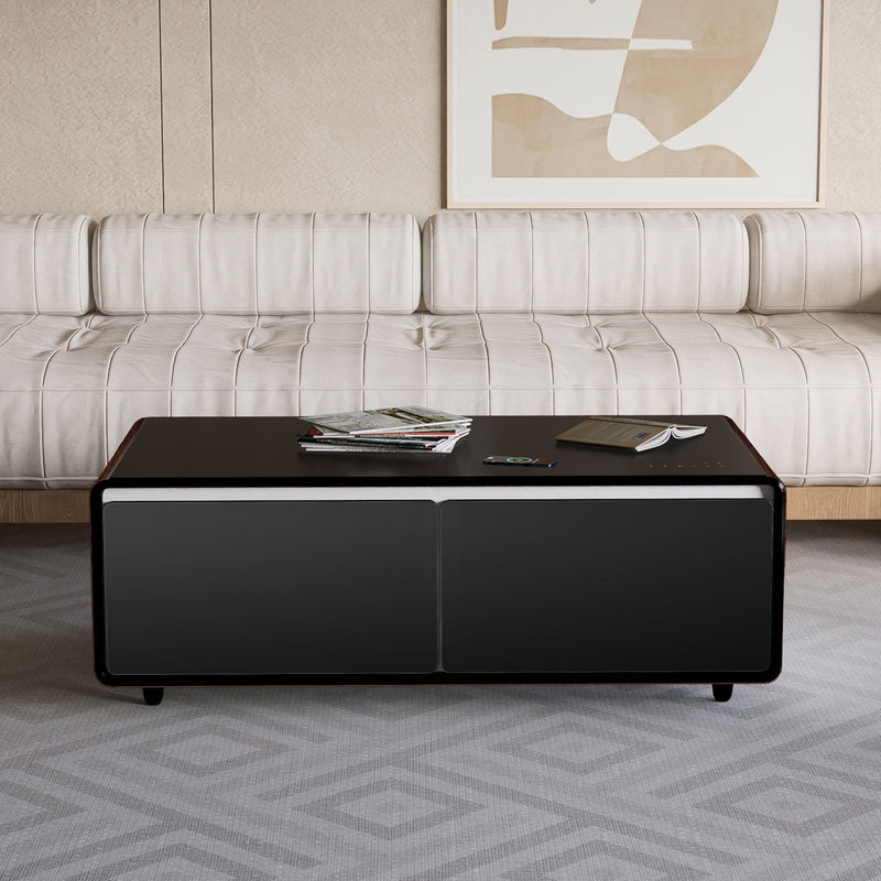 Modern Smart Coffee Table With Built-In Fridge, Bluetooth Speaker, Wireless Charging Module, Touch Control Panel, Power Socket, USB Interface, Outlet Protection, Atmosphere Light