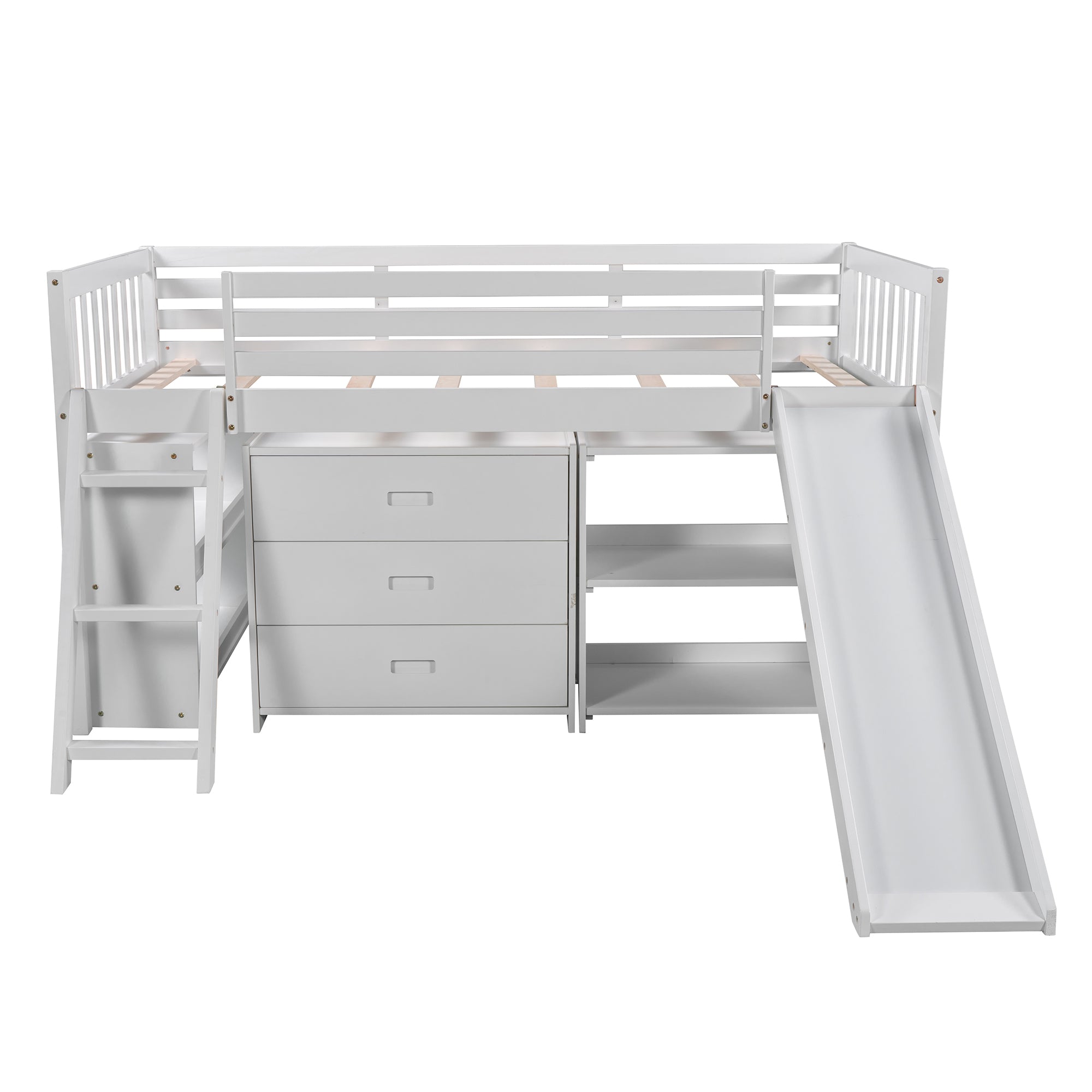 Low Loft Bed with Attached Bookcases and Separate 3-tier Drawers,Convertible Ladder and Slide,Twin,White - Atlantic Fine Furniture Melbourne FL