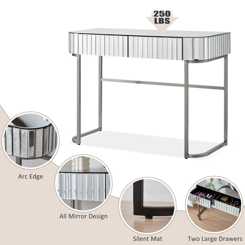 Mirrored Makeup Vanity Table With Stainless Steel Base And 2 Drawers