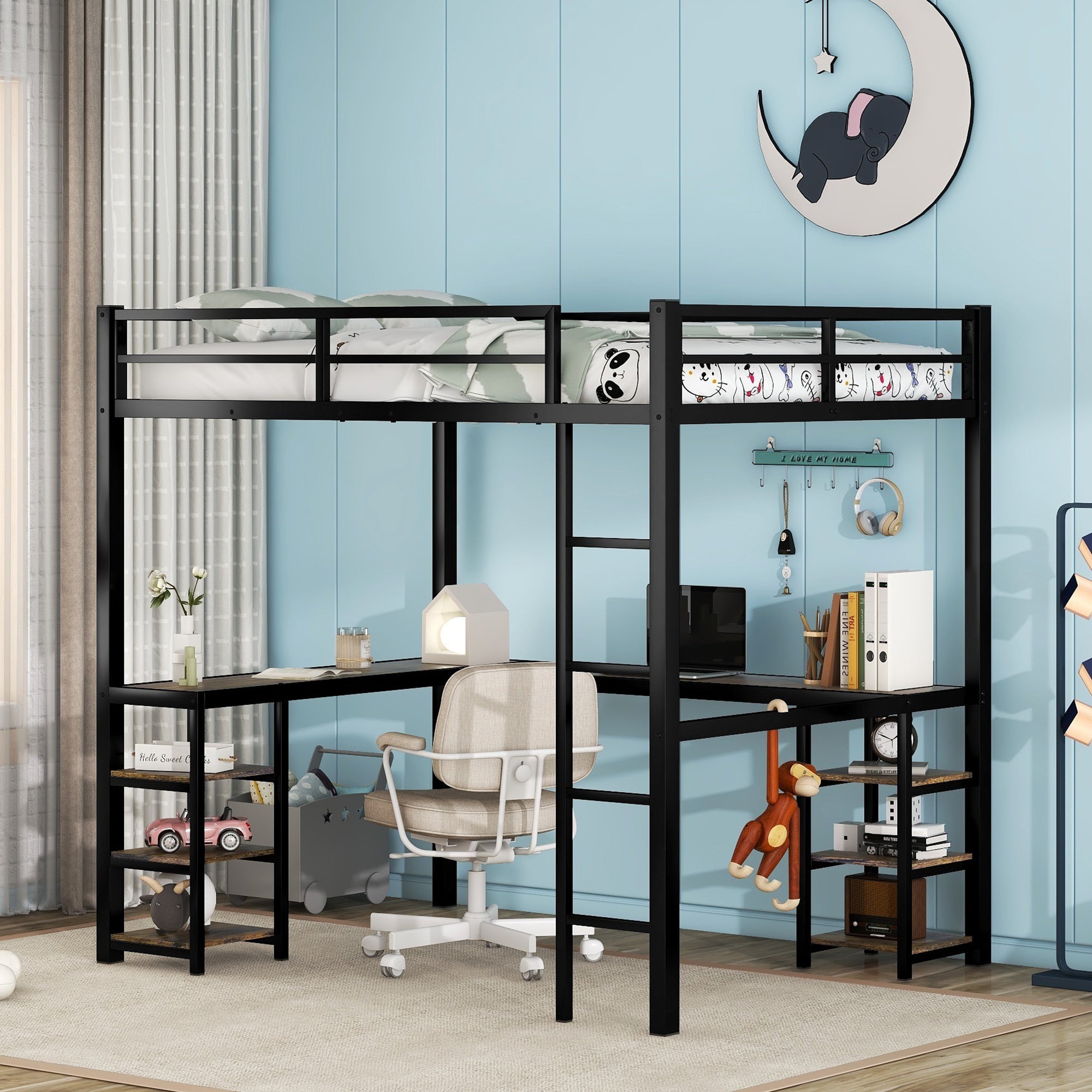 Full Metal Loft Bed with Desk and Shelves, Loft Bed with Ladder and Guardrails, Loft Bed Frame for Bedroom, Black (Old SKU: W1307S00016) (Pre-sale date: 2024/3/7.)