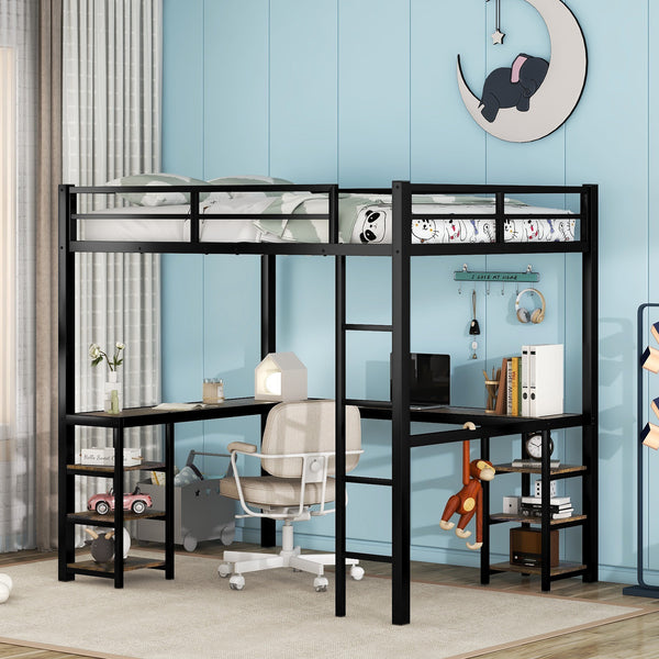 Full Metal Loft Bed with Desk and Shelves, Loft Bed with Ladder and Guardrails, Loft Bed Frame for Bedroom, Black (Old SKU: W1307S00016) (Pre-sale date: 2024/3/7.)