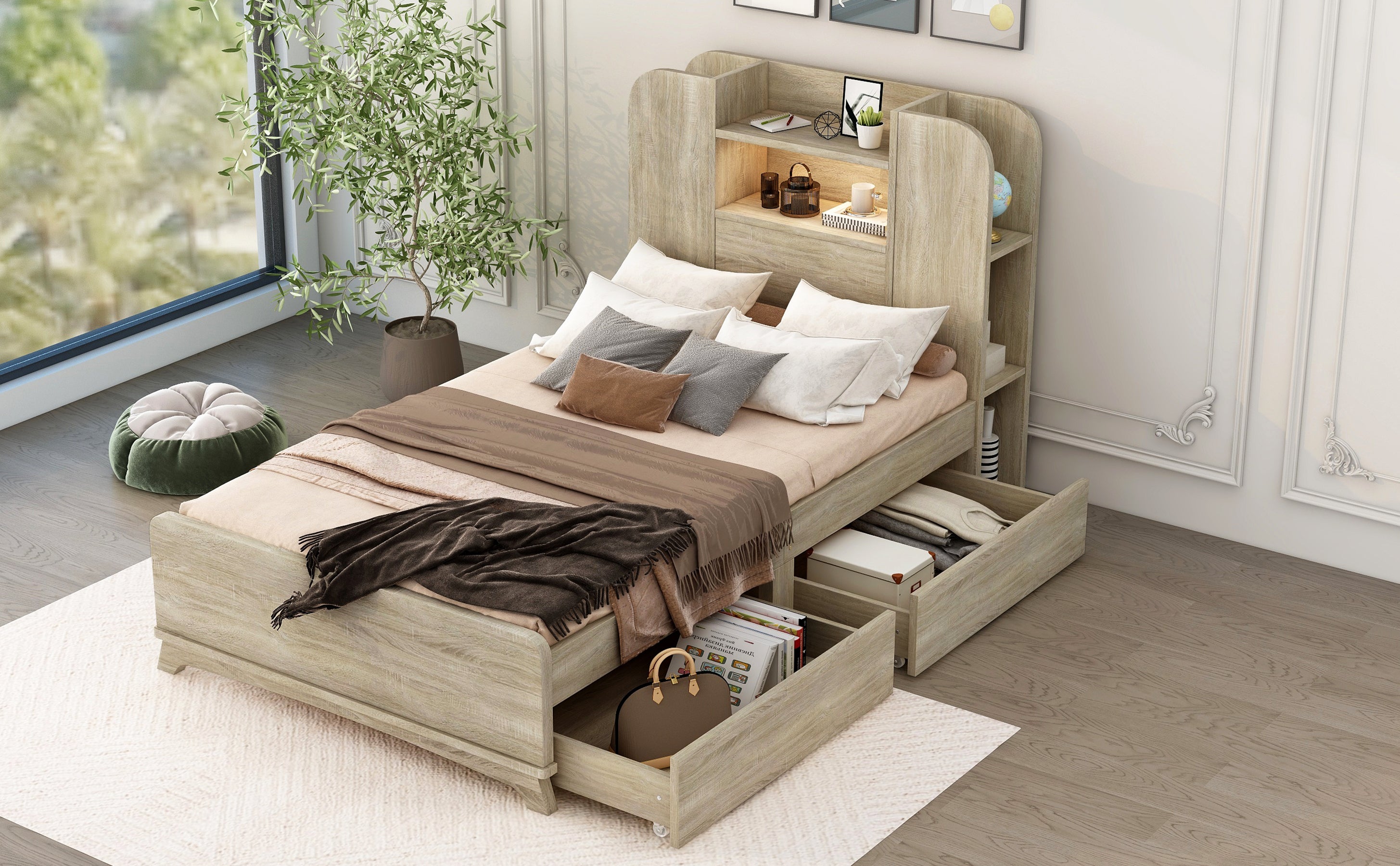 Twin Size Storage Platform Bed Frame with with Two Drawers and Light Strip Design in Headboard,Natural - Atlantic Fine Furniture Melbourne FL