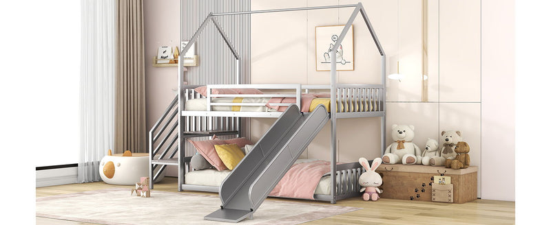 Twin Over Twin Metal Bunk Bed House Bed With Slide And Staircase