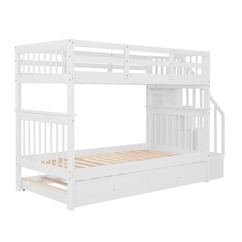 Stairway Bunk Bed With Twin Size Trundle, Storage And Guard Rail For Bedroom, Dorm