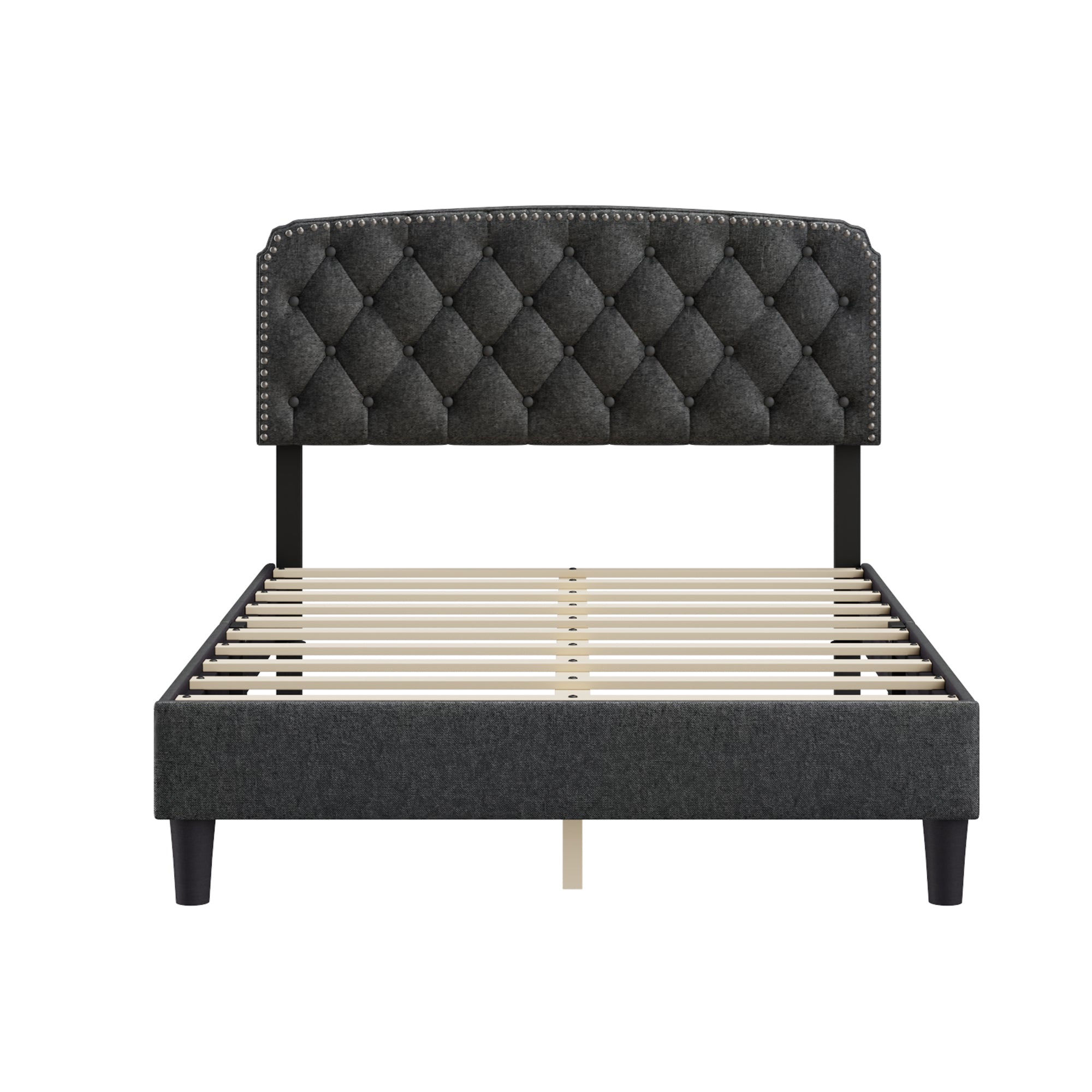 Full size Adjustable Headboard with Fine Linen Upholstery and Button Tufting for Bedroom,  Wave Top  dark Gray