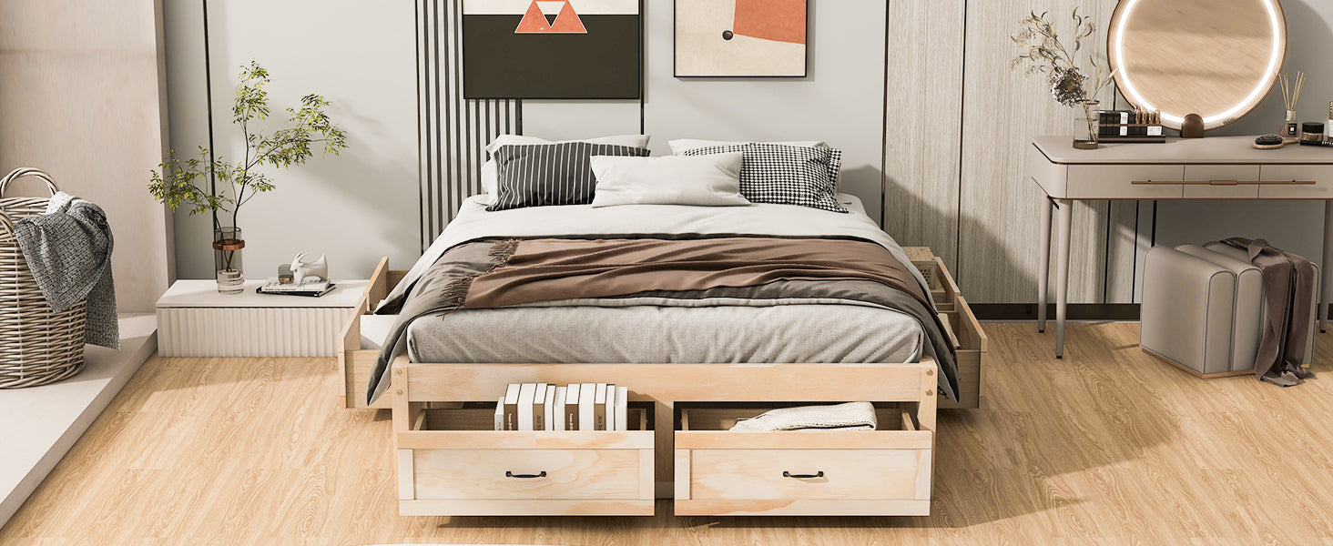 Queen Size Platform Bed with 6 Storage Drawers,Antique Natural - Atlantic Fine Furniture Melbourne FL