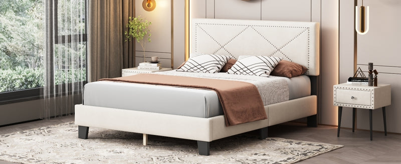 Simple Queen Size Upholstered Bed Frame with Rivet Design, Modern Velvet Platform Bed with headboard, Beige