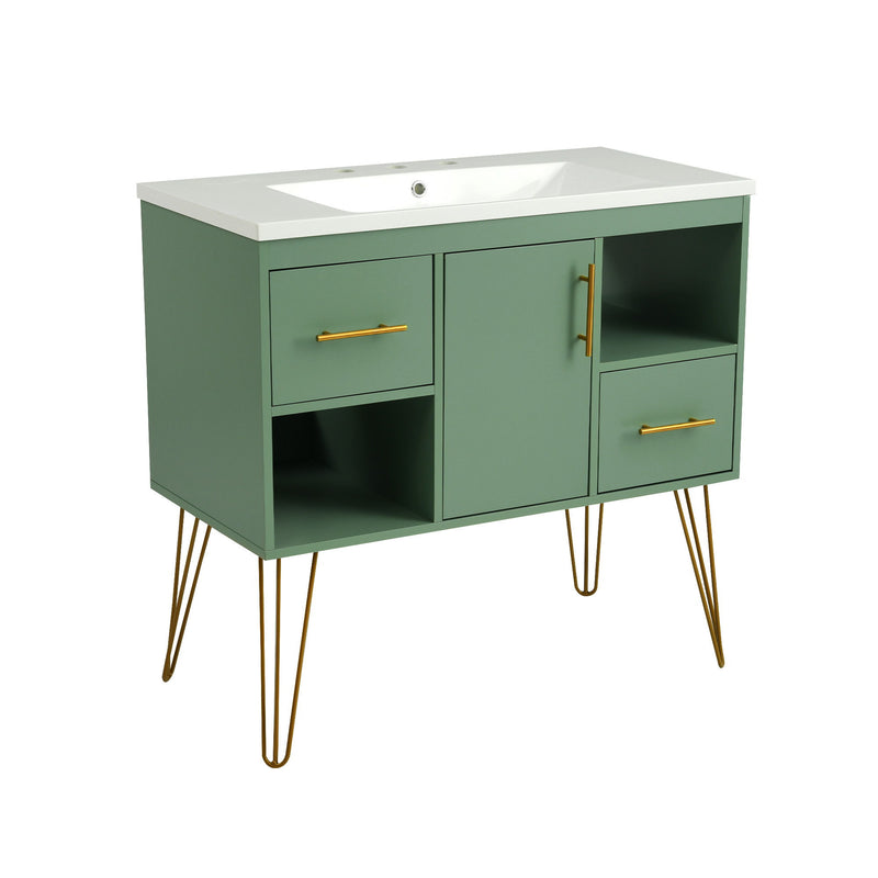 Bathroom Vanity With Resin Sink Combo Set, Modern Freestanding Single Bathroom Cabinet With 2 Drawers & 2 Storage Compartments, Storage Cabinet For Bathroom, Frame Vanity Set - Green