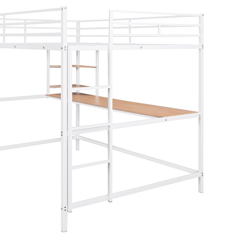 Full Metal Loft Bed with Desk and Shelve, White