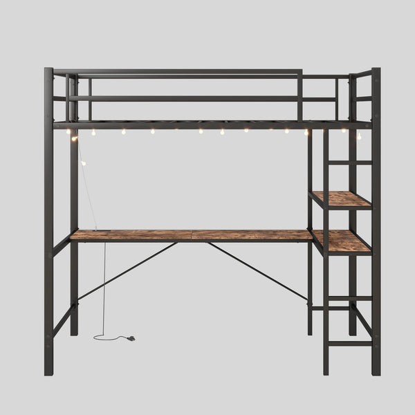 Space Saving Twin Size Loft Bed With L Shaped Desk, Shelves, Charging Station, Led Lights - Brown