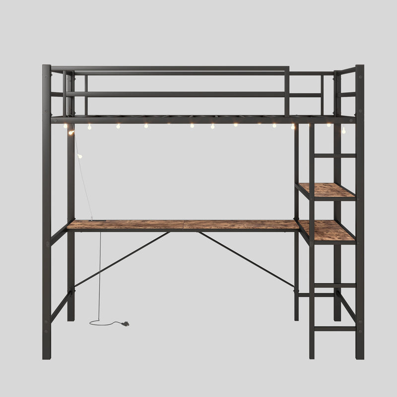 Space Saving Twin Size Loft Bed With L Shaped Desk, Shelves, Charging Station, Led Lights - Brown