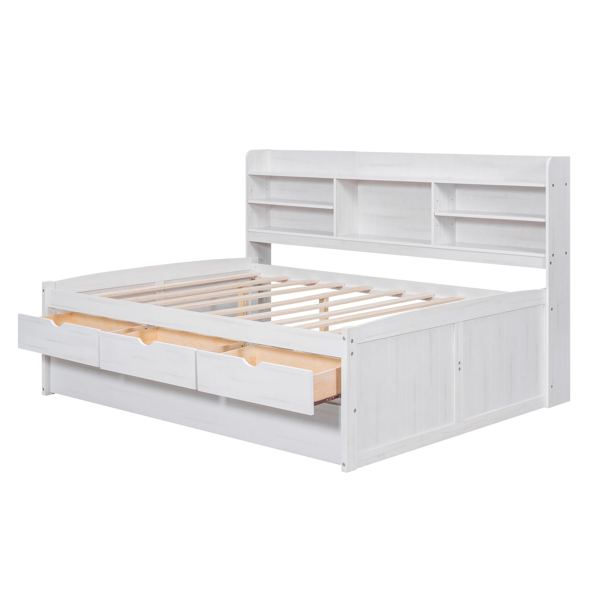 Full Size Wooden Captain Bed with Built-in Bookshelves,Three Storage Drawers and Trundle,White Wash - Atlantic Fine Furniture Melbourne FL