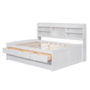 Full Size Wooden Captain Bed with Built-in Bookshelves,Three Storage Drawers and Trundle,White Wash