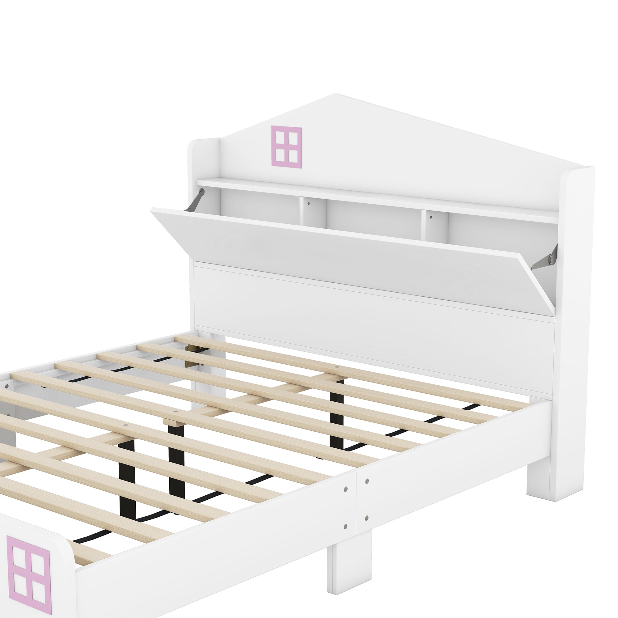 Wooden Full Size House Bed with Storage Headboard ,Kids Bed with Storage Shelf,White - Atlantic Fine Furniture Melbourne FL