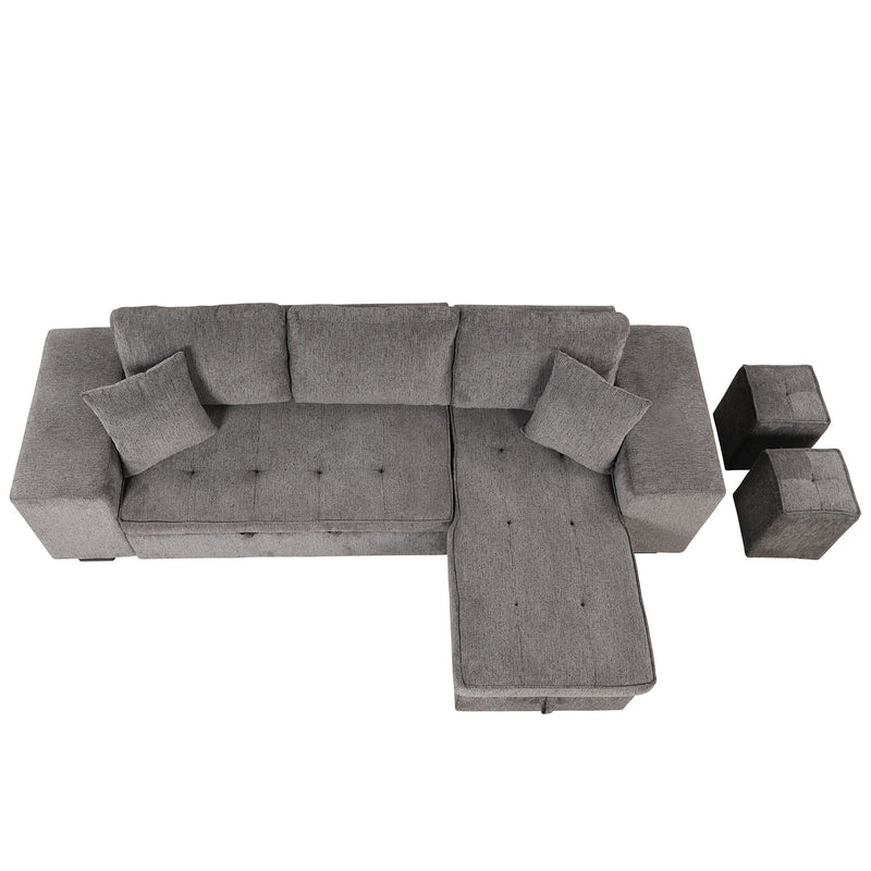 104" Modern L-Shape 3 Seat Reversible Sectional Couch, Pull Out Sleeper Sofa With Storage Chaise And 2 Stools For Living Room Furniture Set, Knox Charcoal