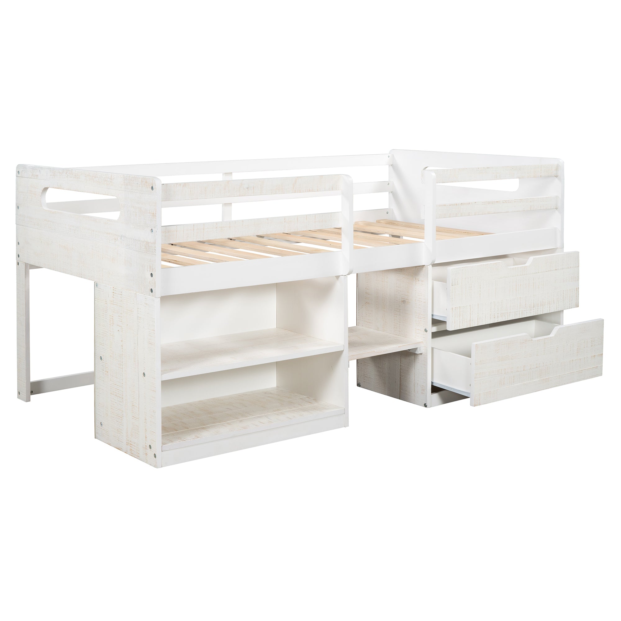 Twin size Loft Bed with Two Shelves and Two drawers (Antique White) - Atlantic Fine Furniture Melbourne FL