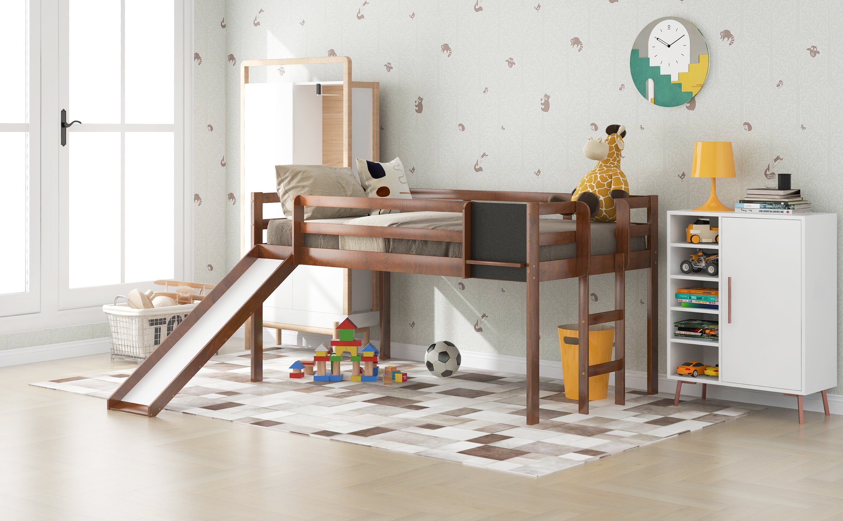 Twin size Loft Bed Wood Bed with Slide, Stair and Chalkboard,Walnut(OLD SKU :WF282115AAL) - Atlantic Fine Furniture Melbourne FL